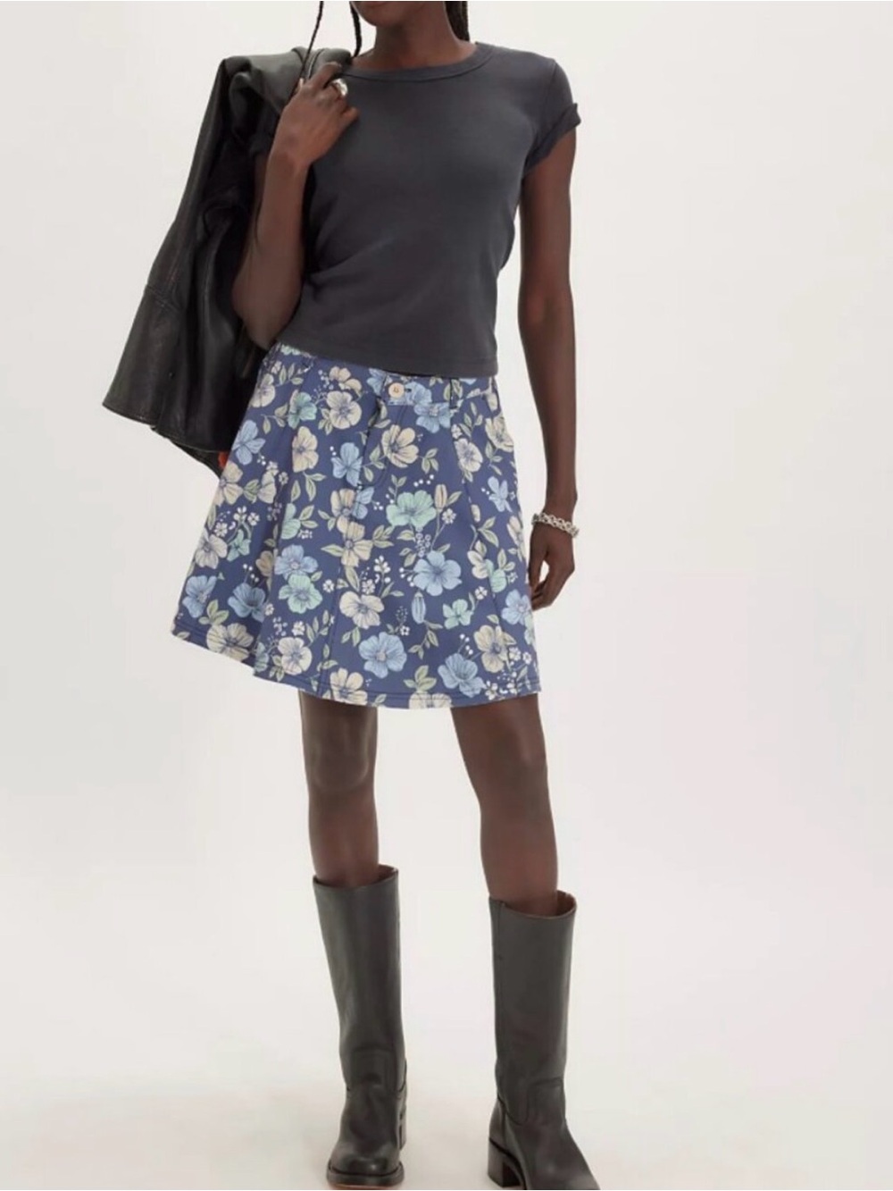NWOT Free People Dahlia Printed Circle Mini Skirt cool blue floral pattern sz 2